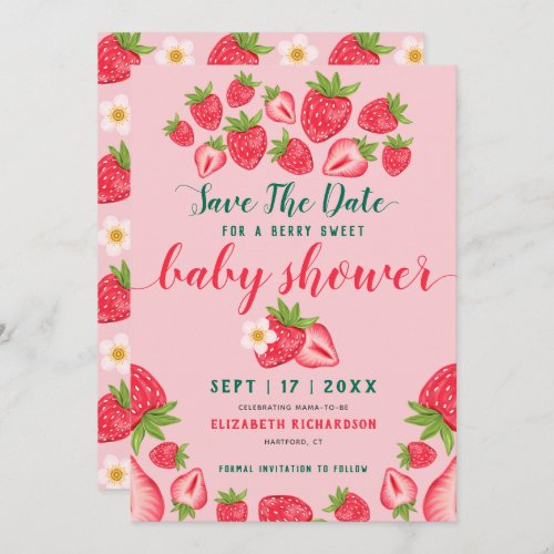 Berry Sweet Strawberry Cute Pink Baby Shower  Save The Date