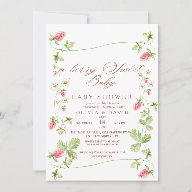  Berry Sweet  Strawberry Elegant Baby Shower  Invitation (Front)