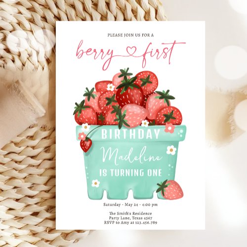 Berry Sweet Strawberry Farmers Market Birthday Invitation