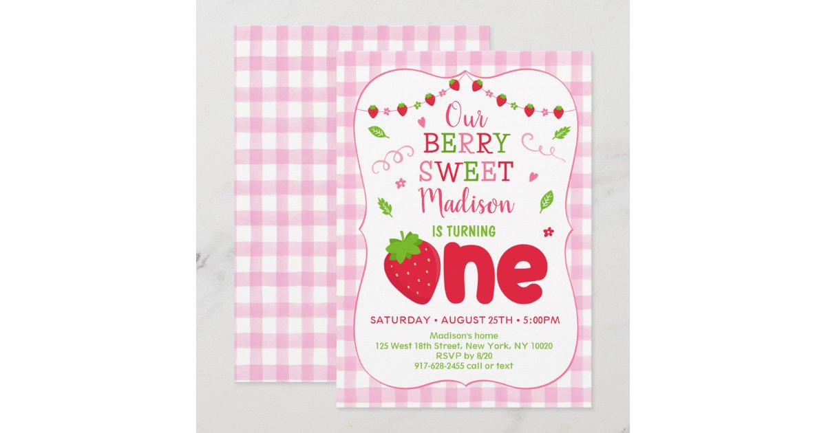 Berry Sweet Strawberry First Birthday Invitation | Zazzle