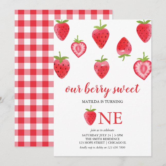 Berry Sweet Strawberry First Birthday Invitation (Front/Back)