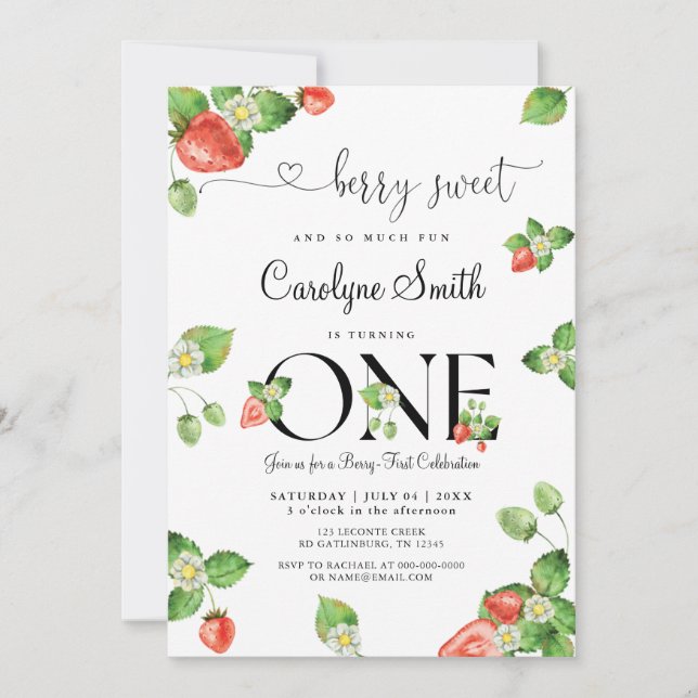 Berry Sweet Strawberry First Birthday Invitation (Front)