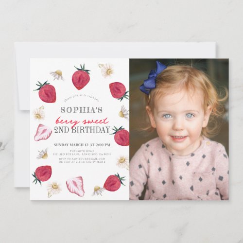 Berry Sweet Strawberry Floral Birthday Photo Invitation