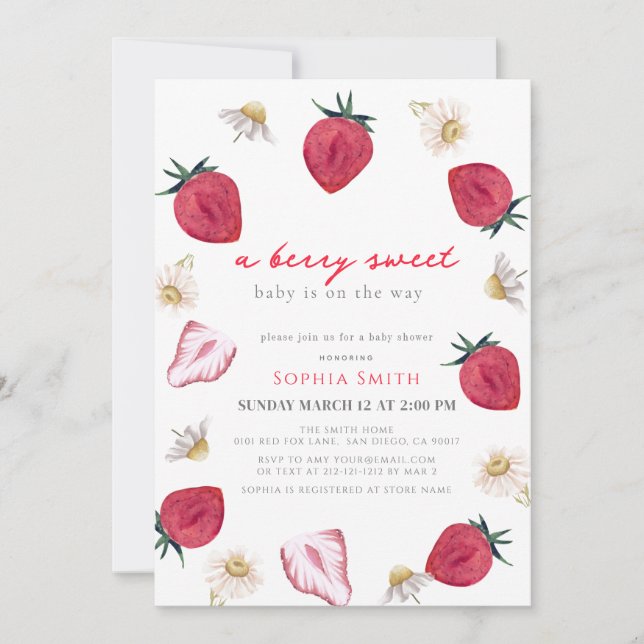 Berry Sweet Strawberry Floral Girl Baby Shower Invitation (Front)
