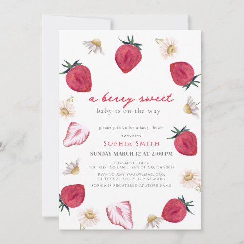 Berry Sweet Strawberry Floral Girl Baby Shower Invitation