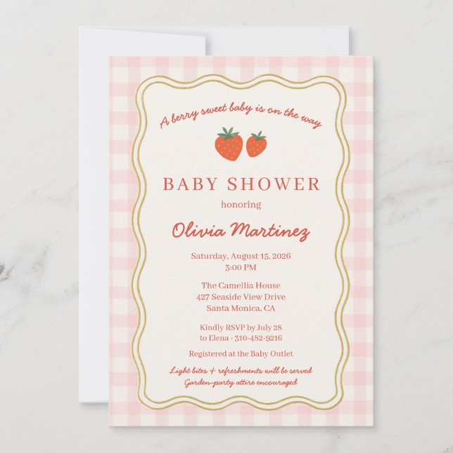 Berry Sweet Strawberry Gingham Baby Shower Invitation (Front)
