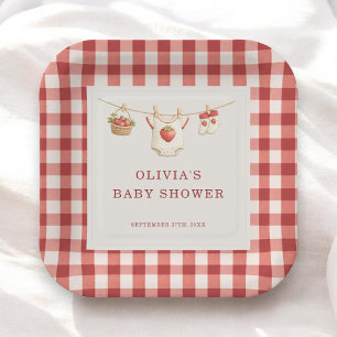Berry Sweet Strawberry Gingham Baby Shower Party Paper Plates