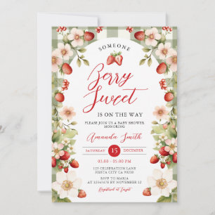 Berry Sweet Strawberry Gingham Floral Baby Shower Invitation
