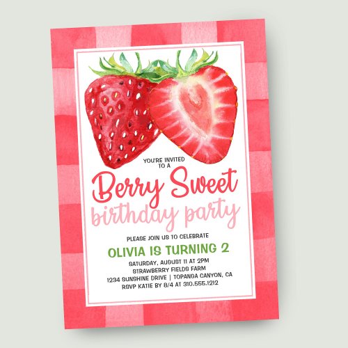Berry Sweet Strawberry Gingham Girls Birthday Invitation
