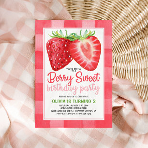 Berry Sweet Strawberry Gingham Girls Birthday Invitation