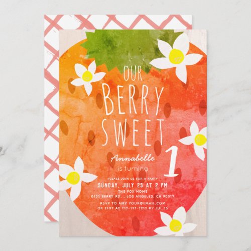 Berry Sweet Strawberry Girl 1st Birthday Invitation