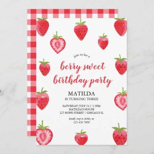 Berry Sweet Strawberry Girl Birthday Invitation