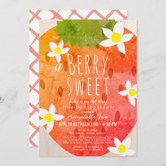 Berry Sweet Strawberry Girl Drive-by Baby Shower Invitation (Front/Back)