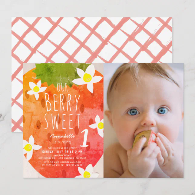 Berry Sweet Strawberry Girl Photo 1st Birthday Invitation | Zazzle