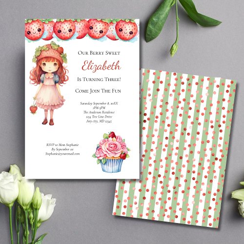 Berry Sweet Strawberry Girls Birthday Party  Invitation