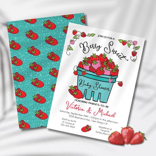 Berry Sweet Strawberry Hand Drawn Baby Shower Invitation