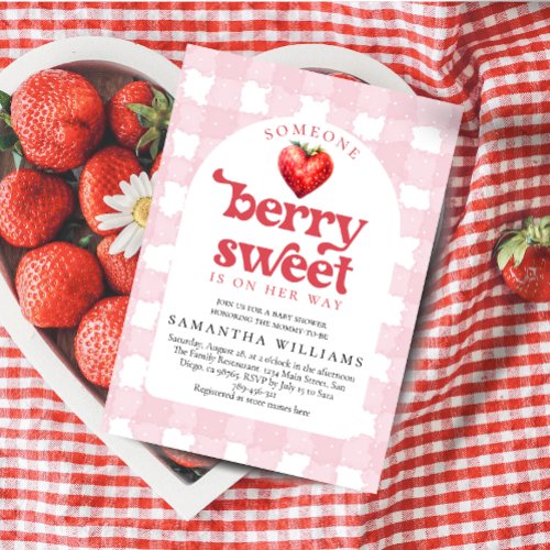Berry Sweet Strawberry Heart Girl Baby Shower   Invitation