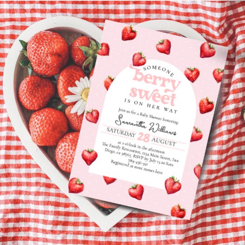 Berry Sweet Strawberry Heart Girl Baby Shower   Invitation