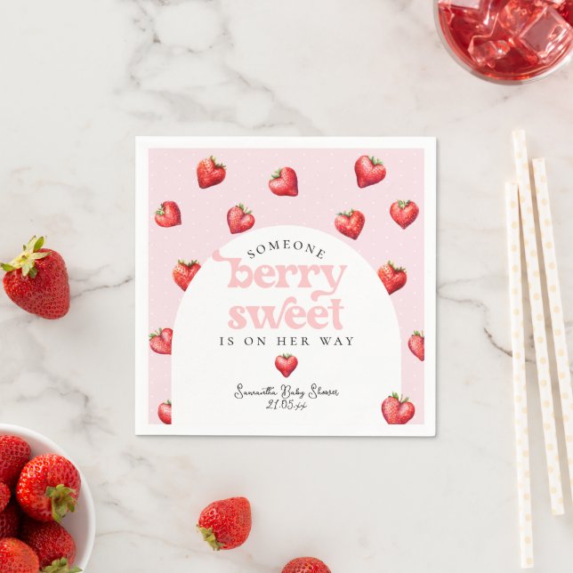 Berry Sweet Strawberry Heart Girl Baby Shower   Napkins (Insitu)