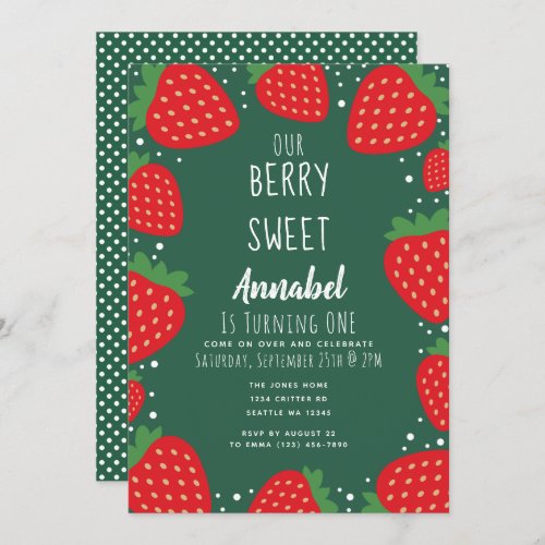 Berry Sweet Strawberry Kids 1st Birthday Invitation