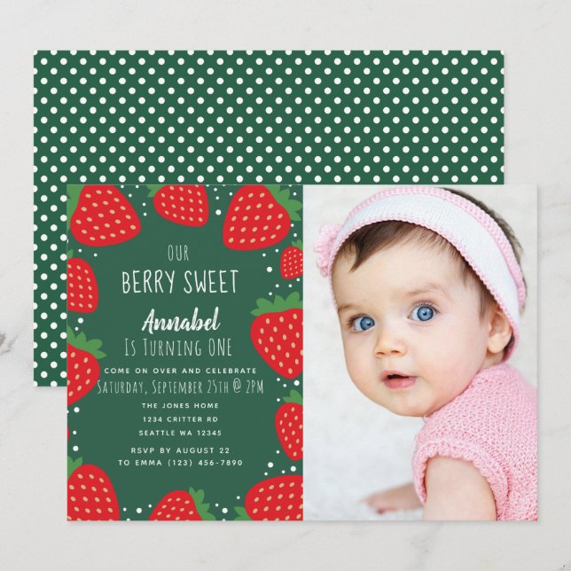 Berry Sweet Strawberry Kids 1st Birthday Photo Invitation (Front/Back)