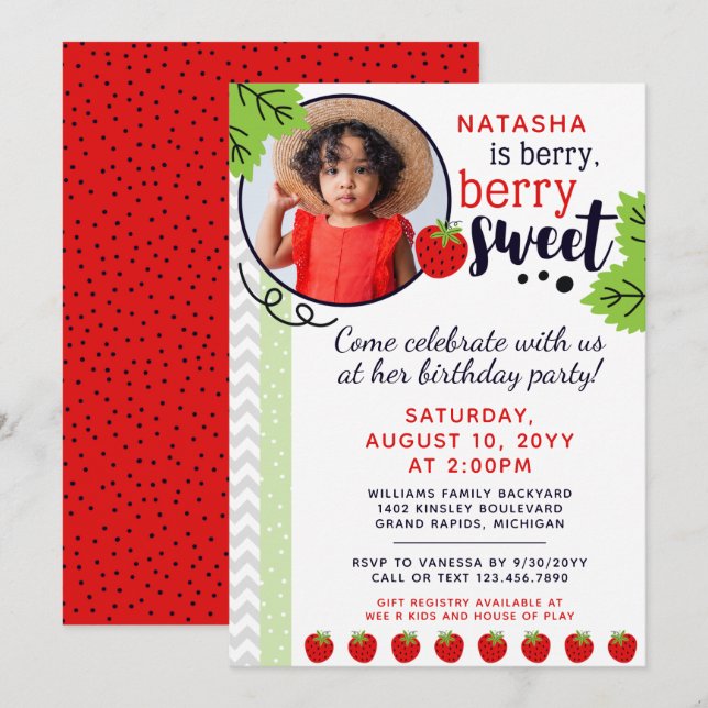 Berry Sweet Strawberry Kids' Birthday Party Invitation (Front/Back)