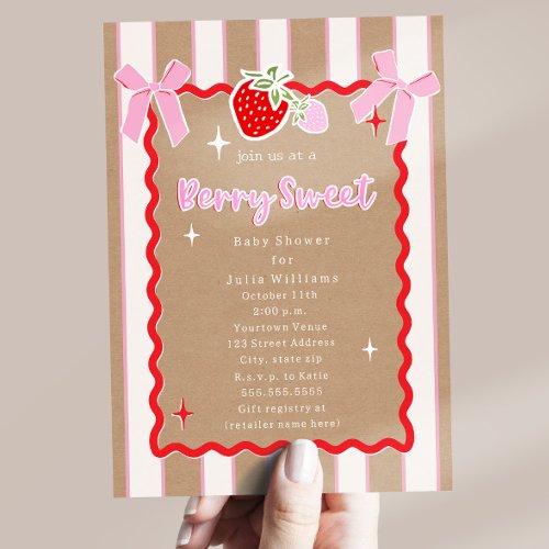 Berry Sweet Strawberry Kraft Girl Baby Shower Invitation