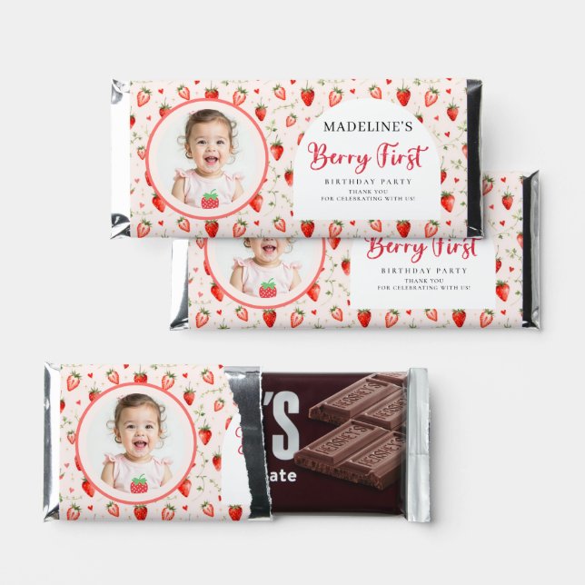Berry Sweet Strawberry Patch Photo 1st Birthday Hershey Bar Favors (Front)