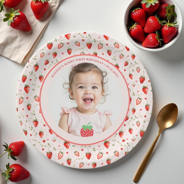 Berry Sweet Strawberry Patch Photo 1st Birthday Paper Plates (berry first birthday party photo paper plate girls strawberry 1st watercolor summer farmhouse patch)