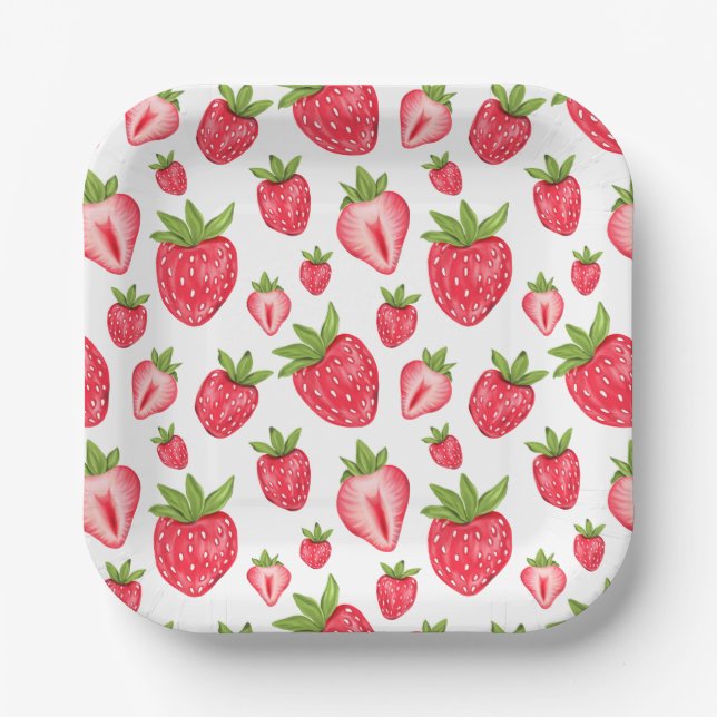 Berry Sweet Strawberry Patten Cute Birthday Paper Plates (Front)