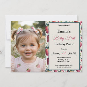 Berry Sweet Strawberry Picnic Photo Birthday Invitation