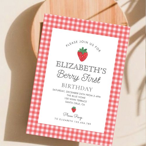 Berry Sweet Strawberry Pink Berry First Birthday Invitation