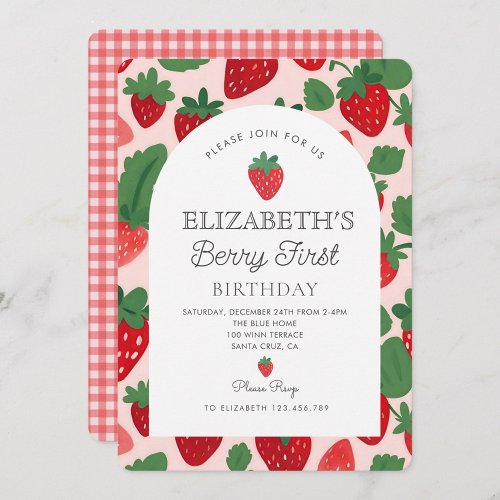 Berry Sweet Strawberry Pink Berry First Birthday Invitation