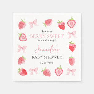 Berry Sweet Strawberry Pink Bow Baby Girl Shower Napkins