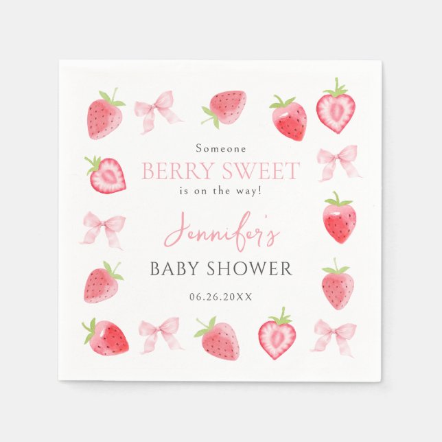 Berry Sweet Strawberry Pink Bow Baby Girl Shower Napkins (Front)