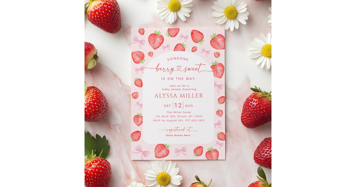 Berry Sweet Strawberry Pink Bow Baby Shower Invitation | Zazzle
