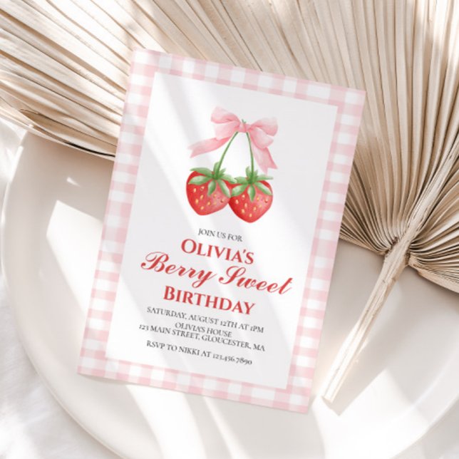 Berry Sweet Strawberry Pink Bow birthday Invitation (Creator Uploaded)