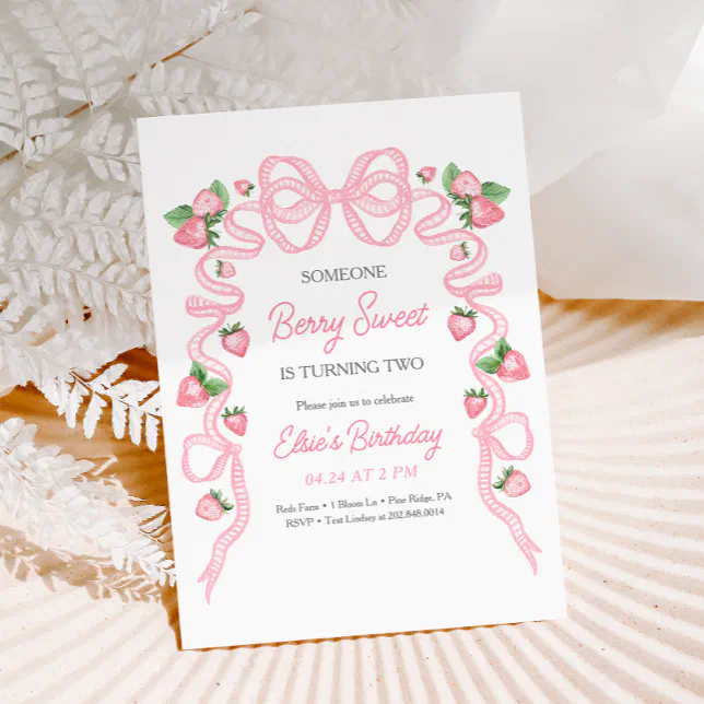 Berry Sweet Strawberry Pink Bow Birthday Invitation | Zazzle