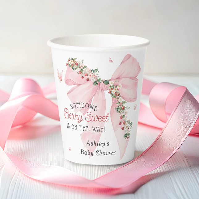 Berry Sweet Strawberry Pink Bow Floral Baby Shower Paper Cups (Creator Uploaded)
