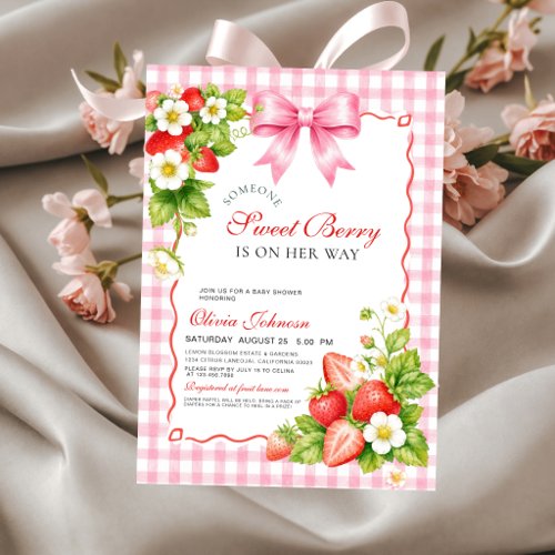 Berry Sweet Strawberry Pink Gingham Baby Shower Invitation