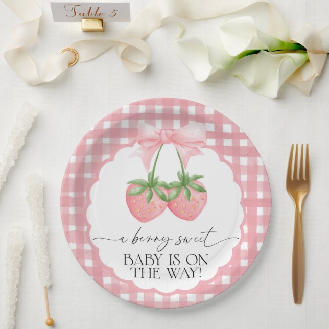 Berry Sweet Strawberry Pink Gingham Baby Shower Paper Plates (Wedding)