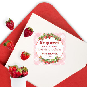 Berry Sweet Strawberry Pink Gingham Baby Shower Square Sticker