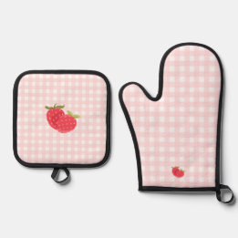 Berry Sweet Strawberry Pink Gingham | Party Decor Oven Mitt & Pot Holder Set