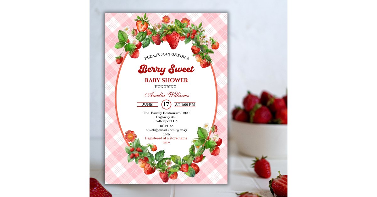 Berry Sweet Strawberry Pink Girl Baby Shower Invitation | Zazzle