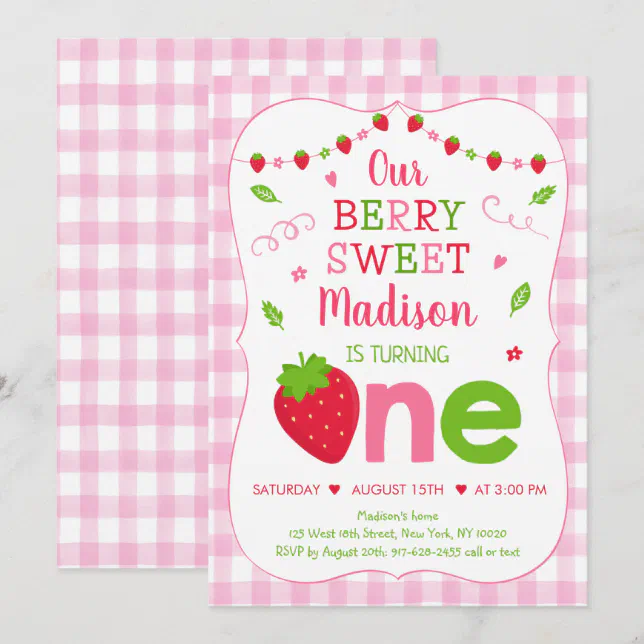 Berry Sweet Strawberry Pink Green First Birthday Invitation | Zazzle