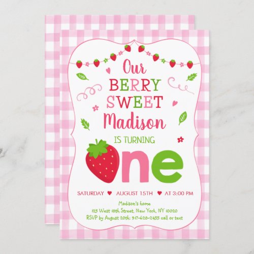 Berry Sweet Strawberry Pink Green First Birthday Invitation