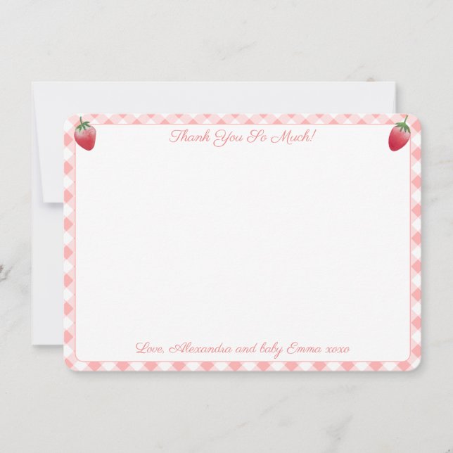 Berry Sweet Strawberry Pink Vichy Baby Shower Thank You Card (Front)