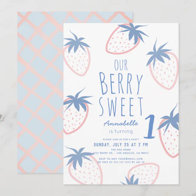 Berry Sweet Strawberry Pink White 1st Birthday Invitation | Zazzle