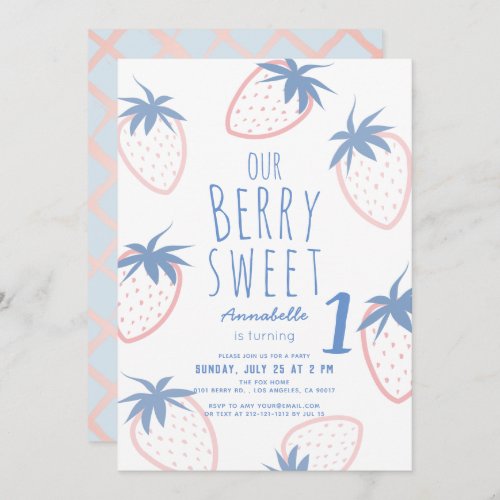 Berry Sweet Strawberry Pink White 1st Birthday Invitation