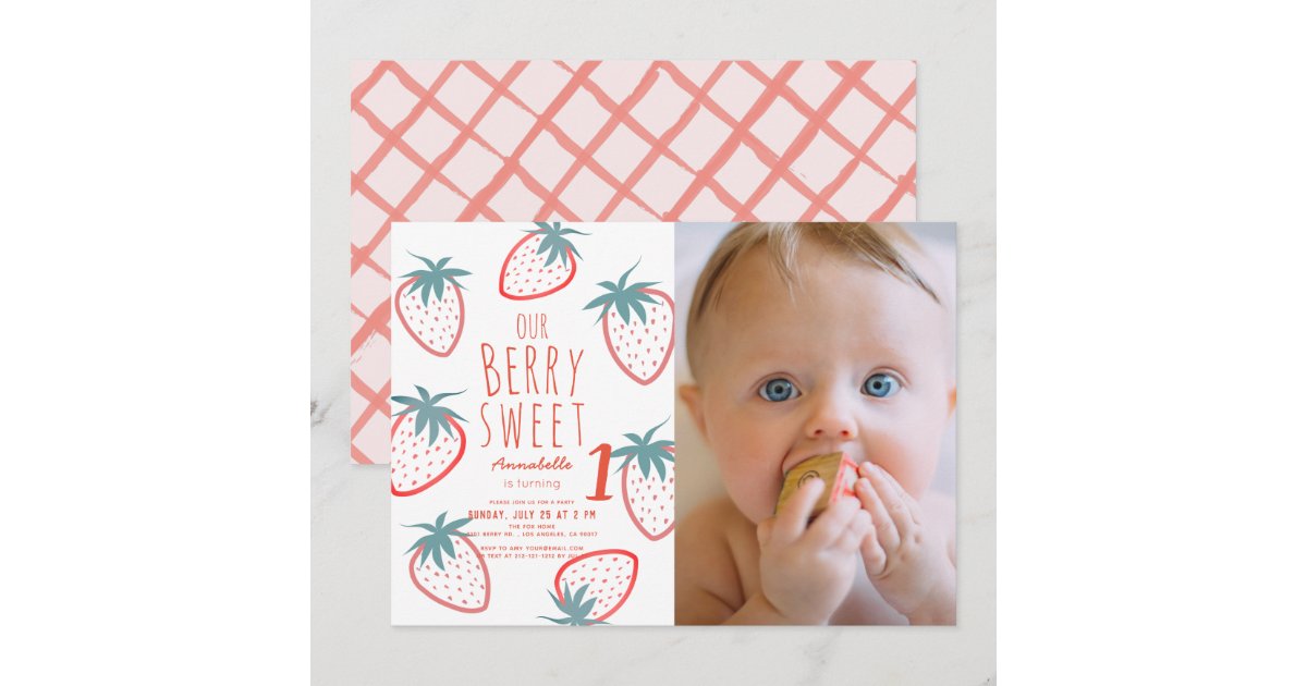 Berry Sweet Strawberry Red 1st Birthday Photo Invitation | Zazzle